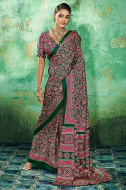 Forest Green Ajrakh Printed Satin Silk Saree