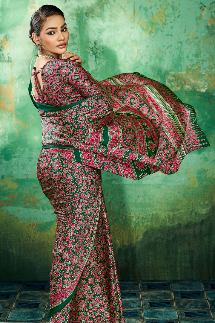Forest Green Ajrakh Printed Satin Silk Saree