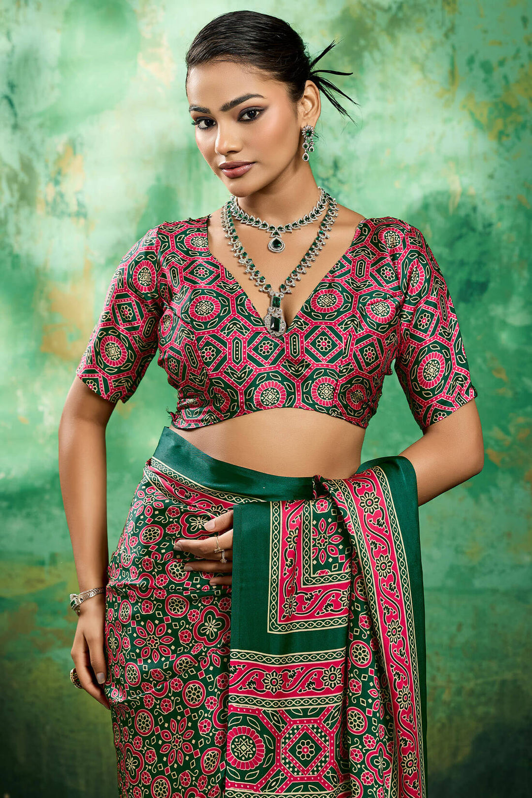 Forest Green Ajrakh Printed Satin Silk Saree