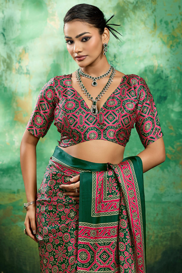 Forest Green Ajrakh Printed Satin Silk Saree