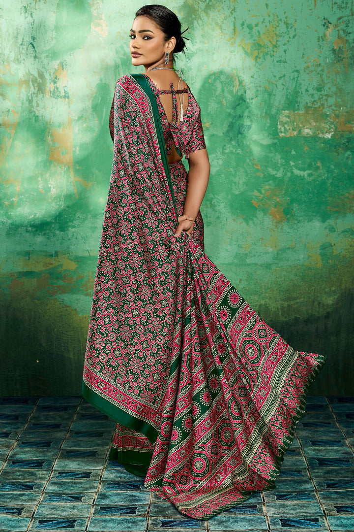 Forest Green Ajrakh Printed Satin Silk Saree