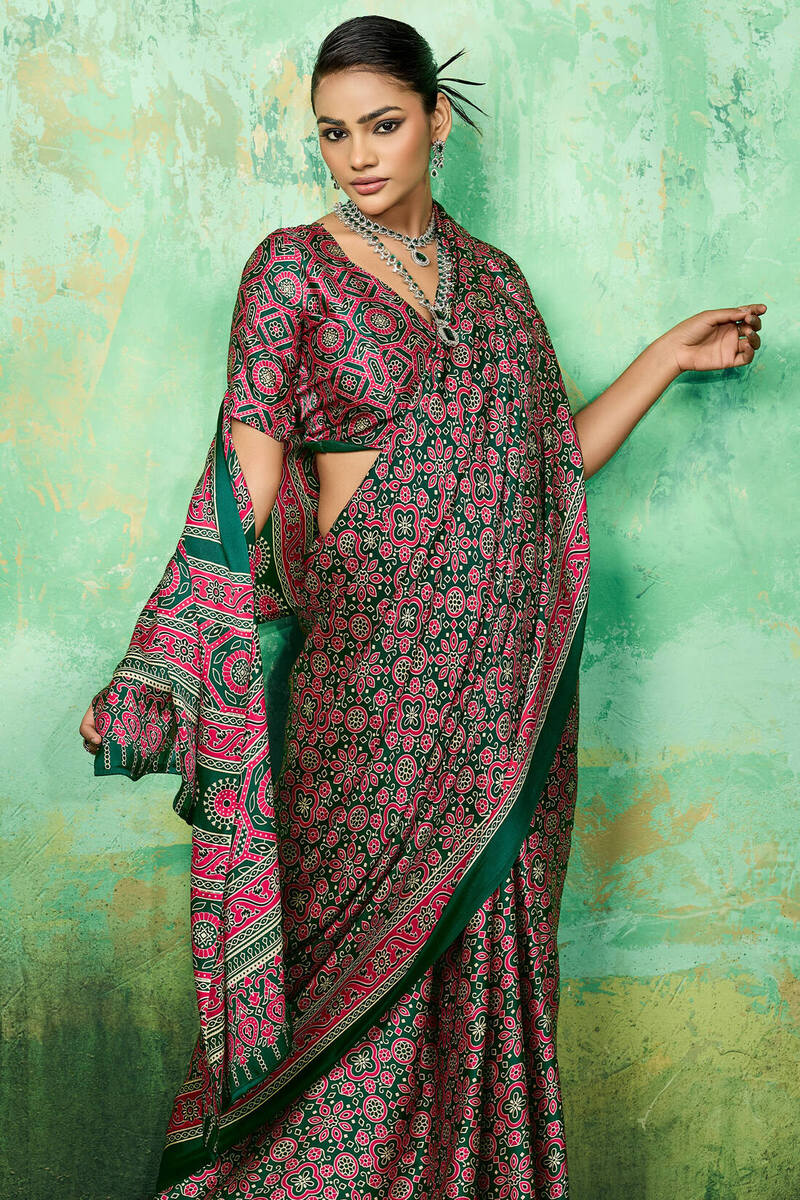 Forest Green Ajrakh Printed Satin Silk Saree