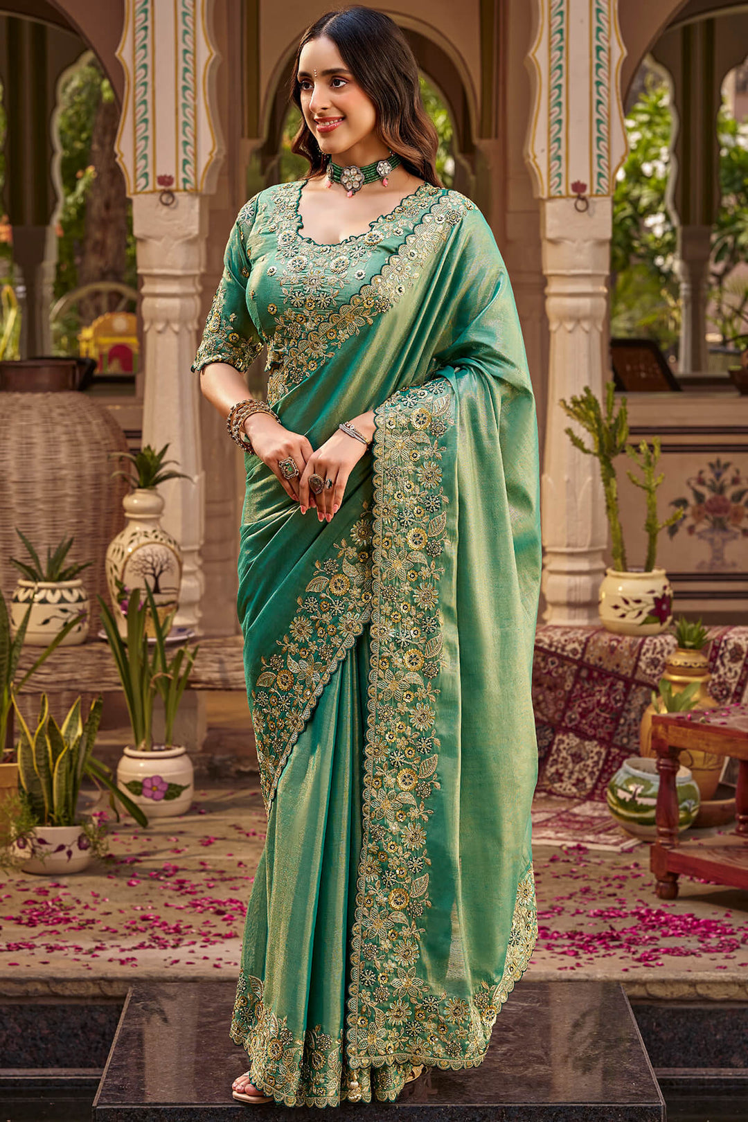 Forest Green Hand Work Viscose Saree with Stiched Blouse