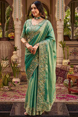 Forest Green Hand Work Viscose Saree with Stiched Blouse