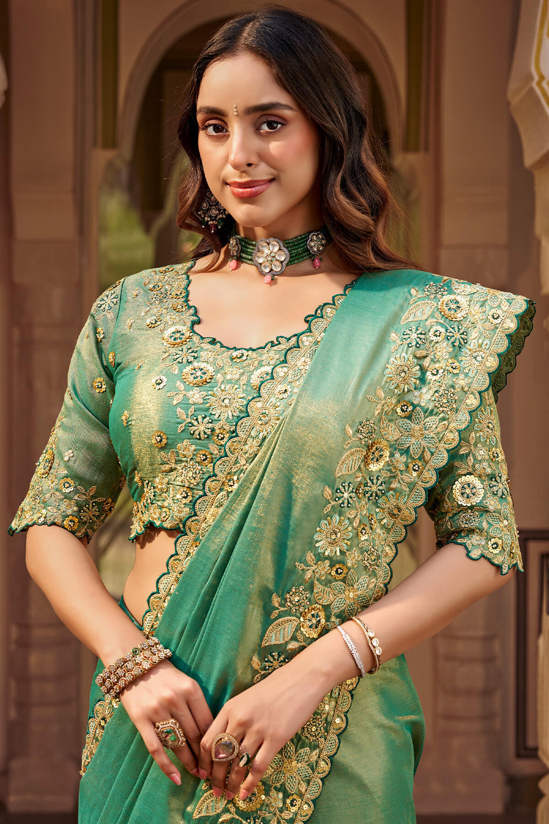Forest Green Hand Work Viscose Saree with Stiched Blouse