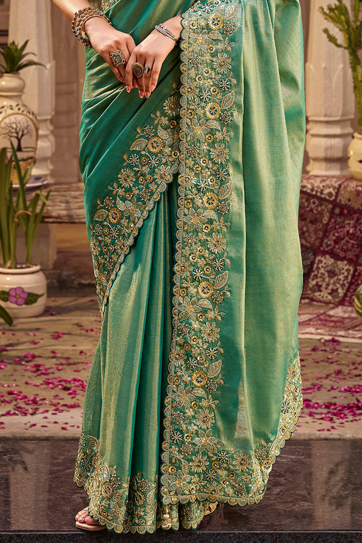 Forest Green Hand Work Viscose Saree with Stiched Blouse