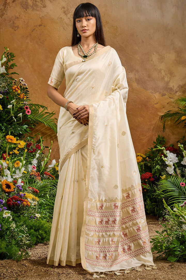 Fossil Beige Banarasi Tussar Silk Saree