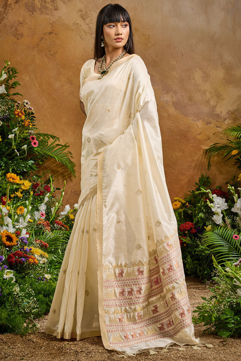 Fossil Beige Banarasi Tussar Silk Saree