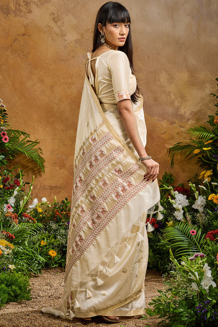 Fossil Beige Banarasi Tussar Silk Saree