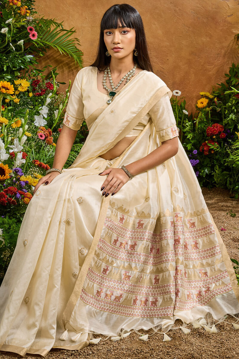 Fossil Beige Banarasi Tussar Silk Saree
