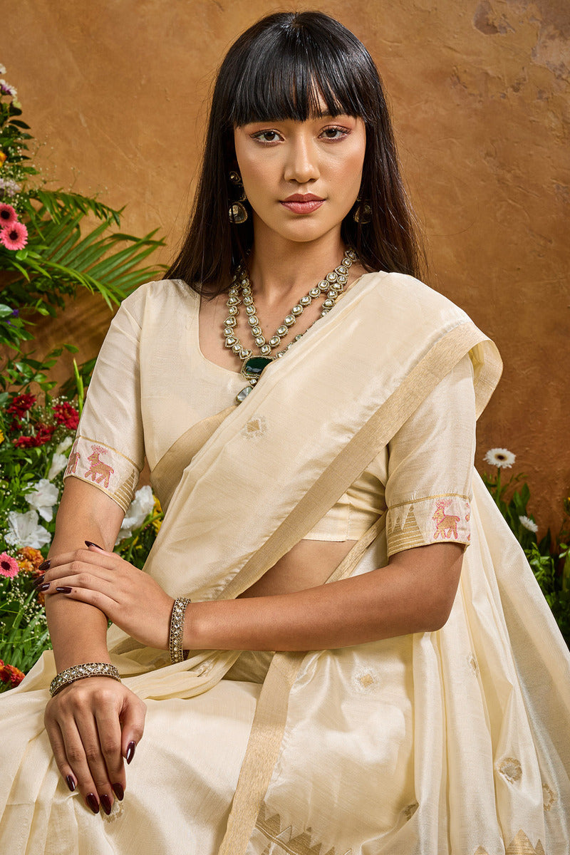 Fossil Beige Banarasi Tussar Silk Saree