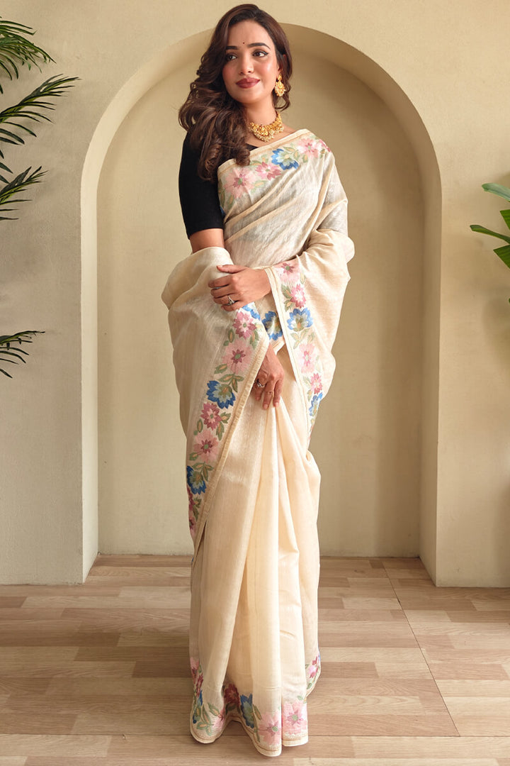 Fossil Beige Contrast Color Embroidered Tussar Silk Saree