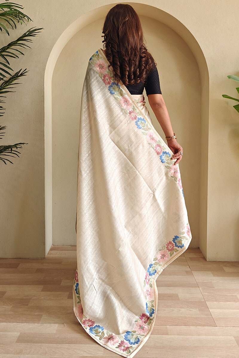 Fossil Beige Contrast Color Embroidered Tussar Silk Saree