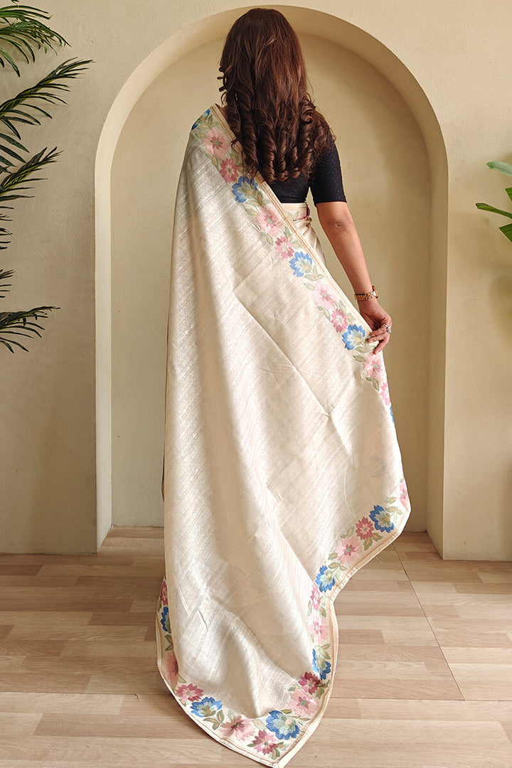 Fossil Beige Contrast Color Embroidered Tussar Silk Saree