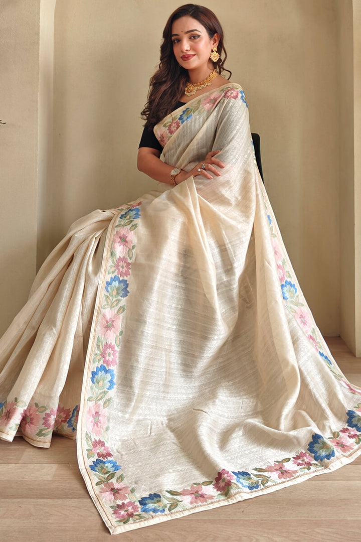 Fossil Beige Contrast Color Embroidered Tussar Silk Saree