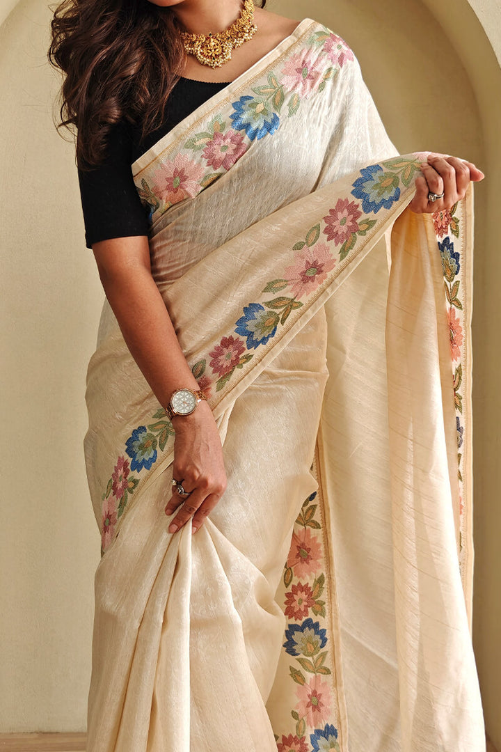 Fossil Beige Contrast Color Embroidered Tussar Silk Saree