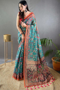 Fountain Blue Kalamkari Printed Cotton Saree