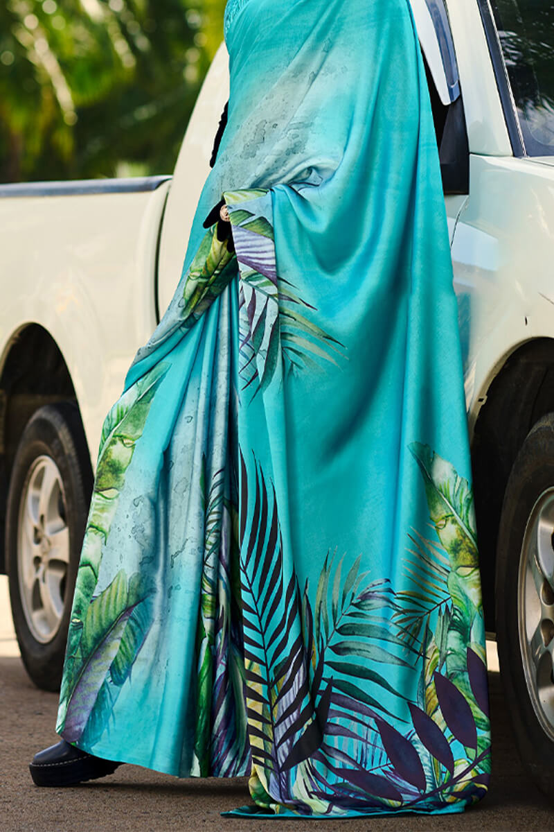 Fountain Blue Printed Satin Crepe Silk Saree