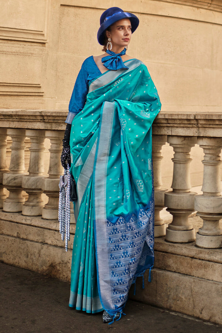 Fountain Blue Soft Banarasi Silk Saree