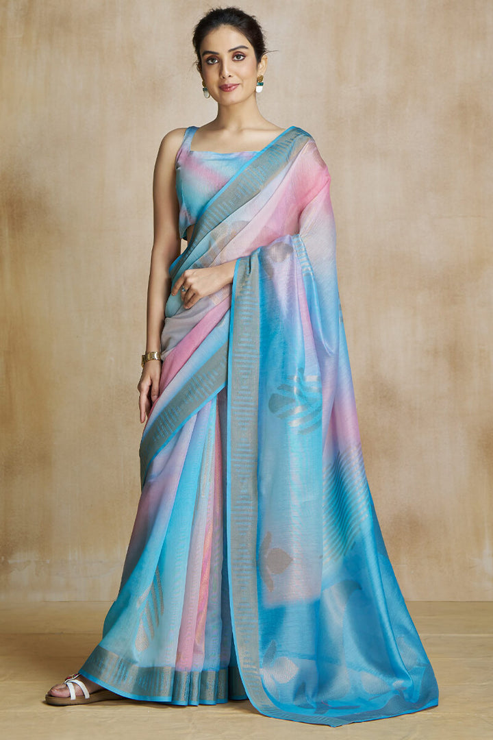 Fountain Blue Soft Silk Saree with Digital Print