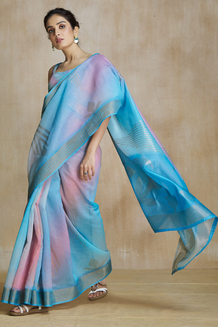 Fountain Blue Soft Silk Saree with Digital Print