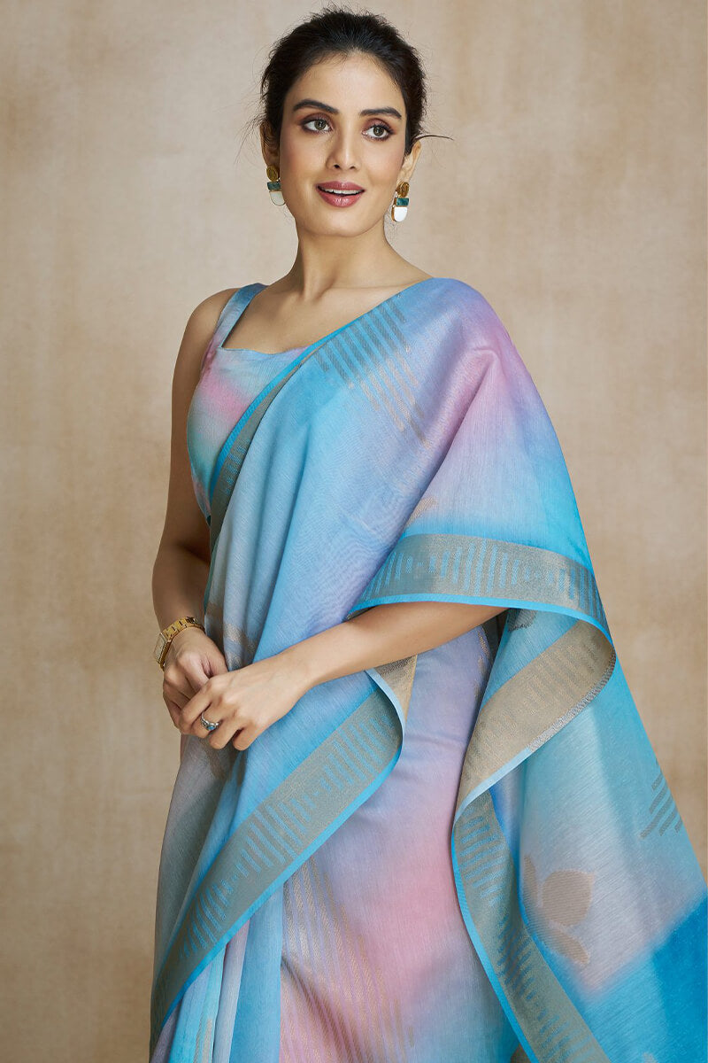 Fountain Blue Soft Silk Saree with Digital Print