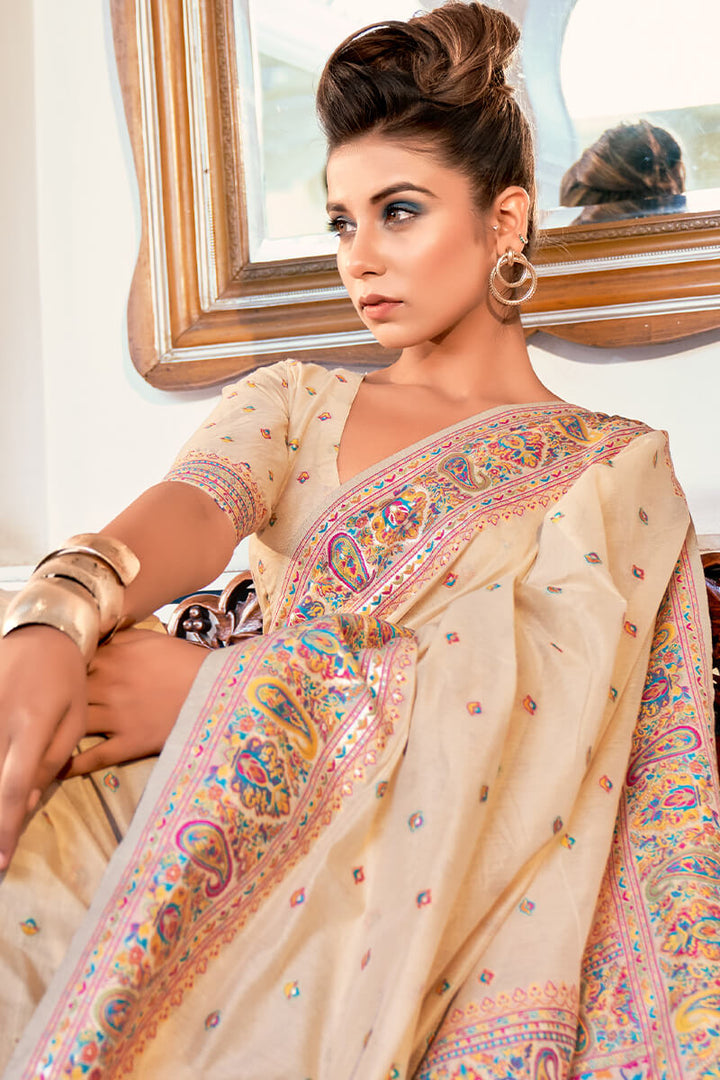 French Beige Kashmiri Modal Pashmina Silk Saree