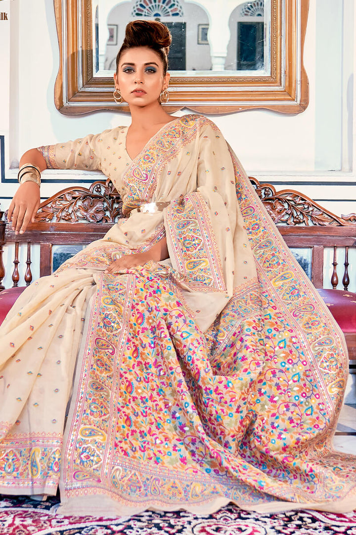 French Beige Kashmiri Modal Pashmina Silk Saree