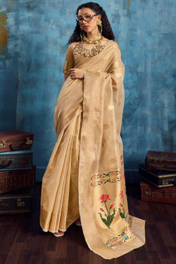 French Beige Paithani Tissue Silk Saree