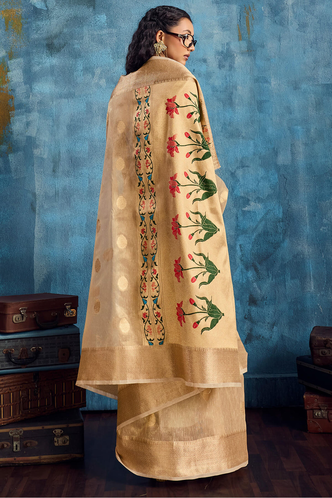 French Beige Paithani Tissue Silk Saree