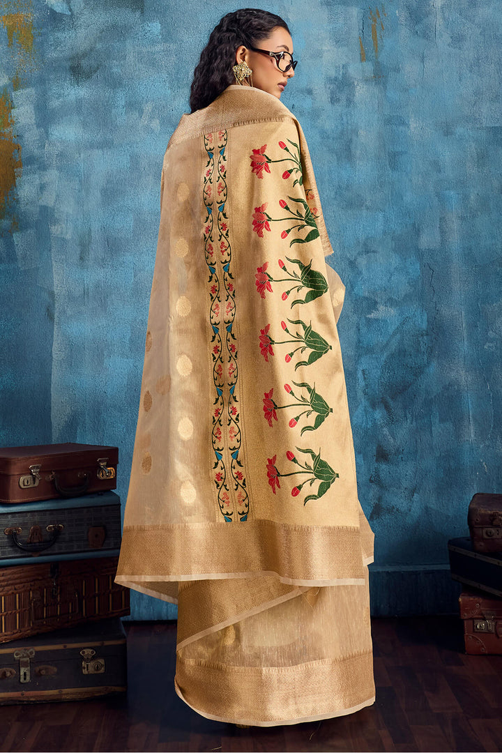 French Beige Paithani Tissue Silk Saree