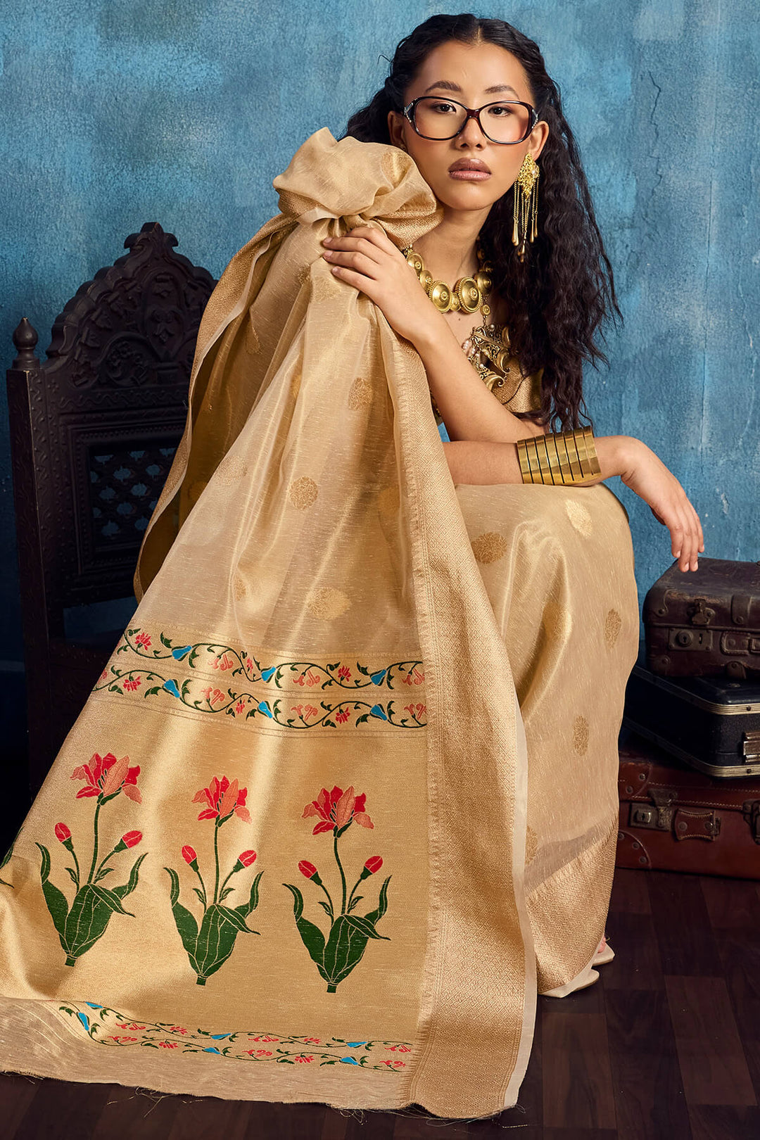 French Beige Paithani Tissue Silk Saree