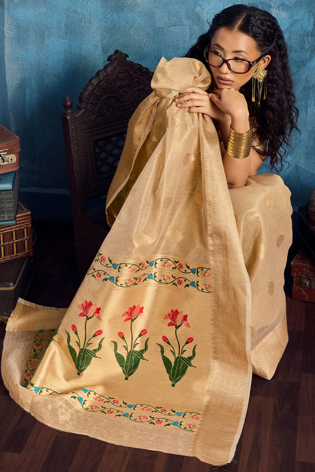 French Beige Paithani Tissue Silk Saree