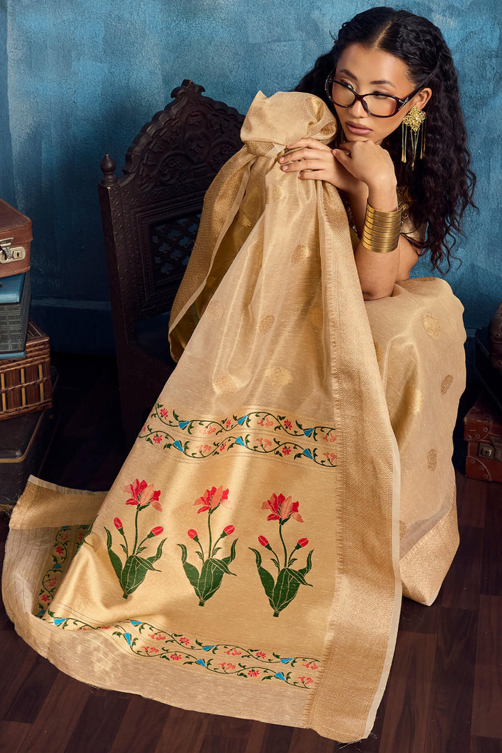French Beige Paithani Tissue Silk Saree