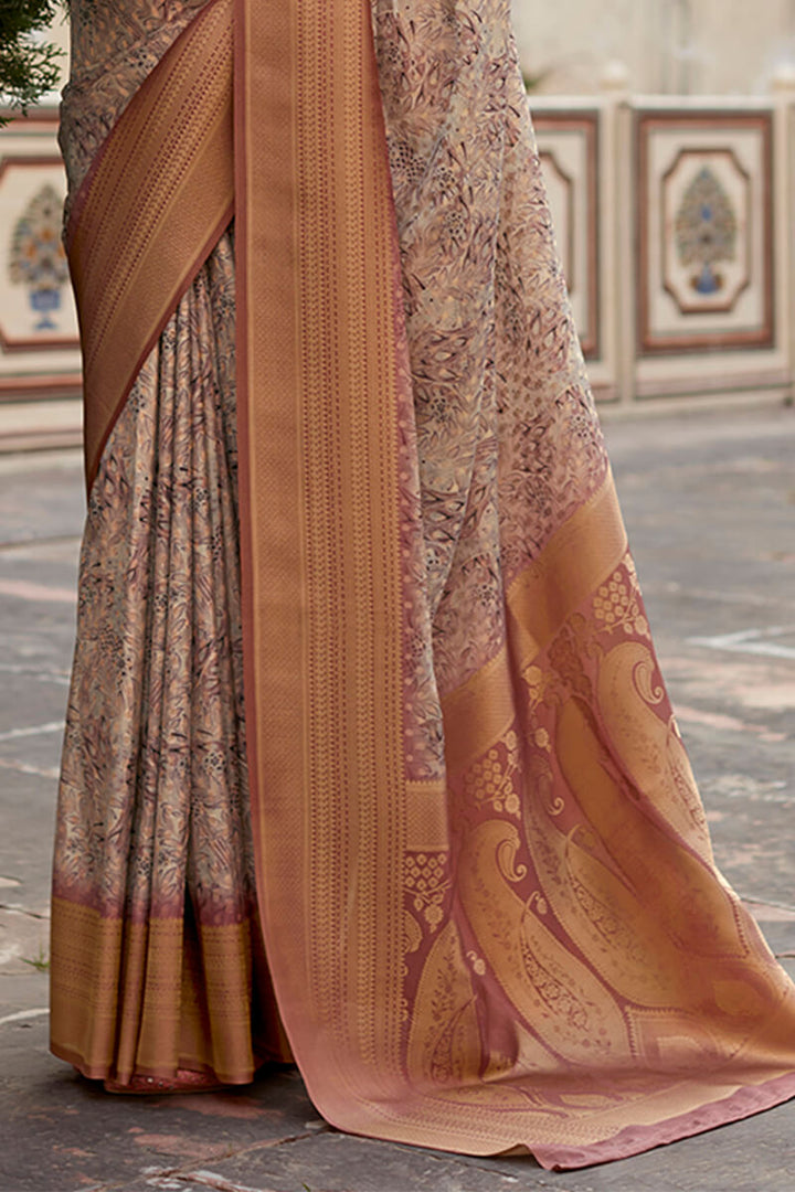 French Beige Printed Crape Silk Saree