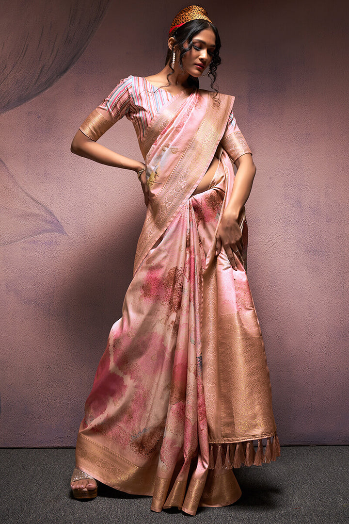 French Beige Printed Soft Silk Saree