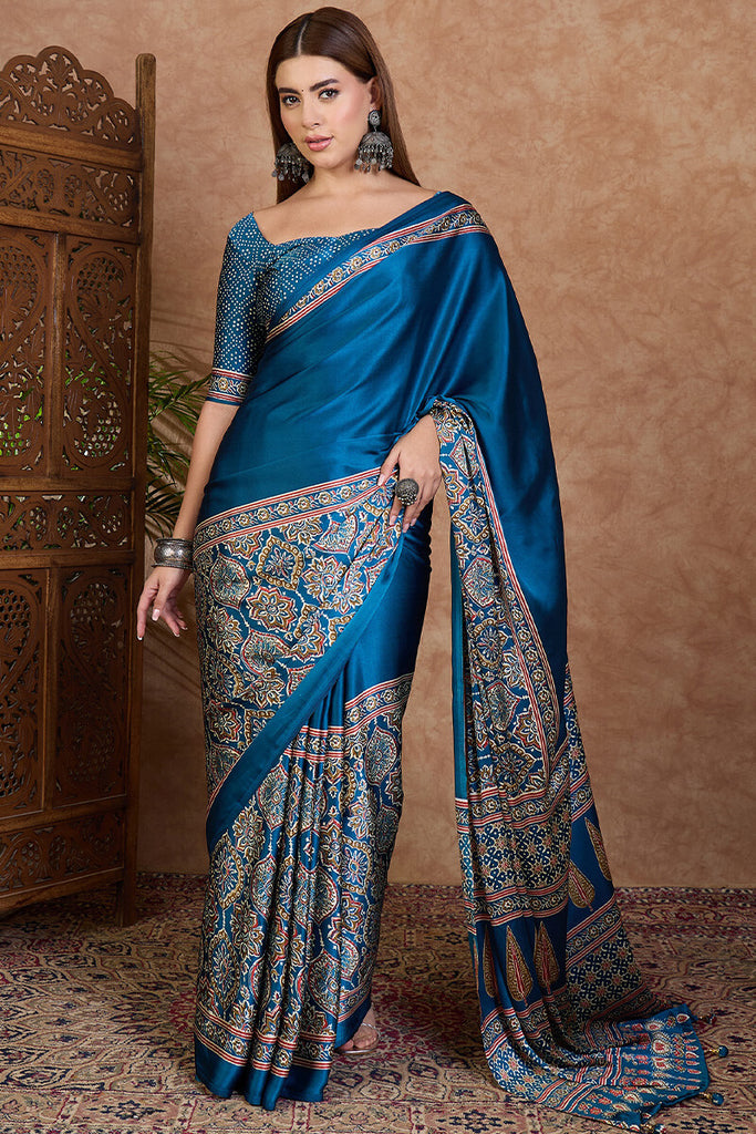 French Blue Ajrakh Printed Satin Silk Saree