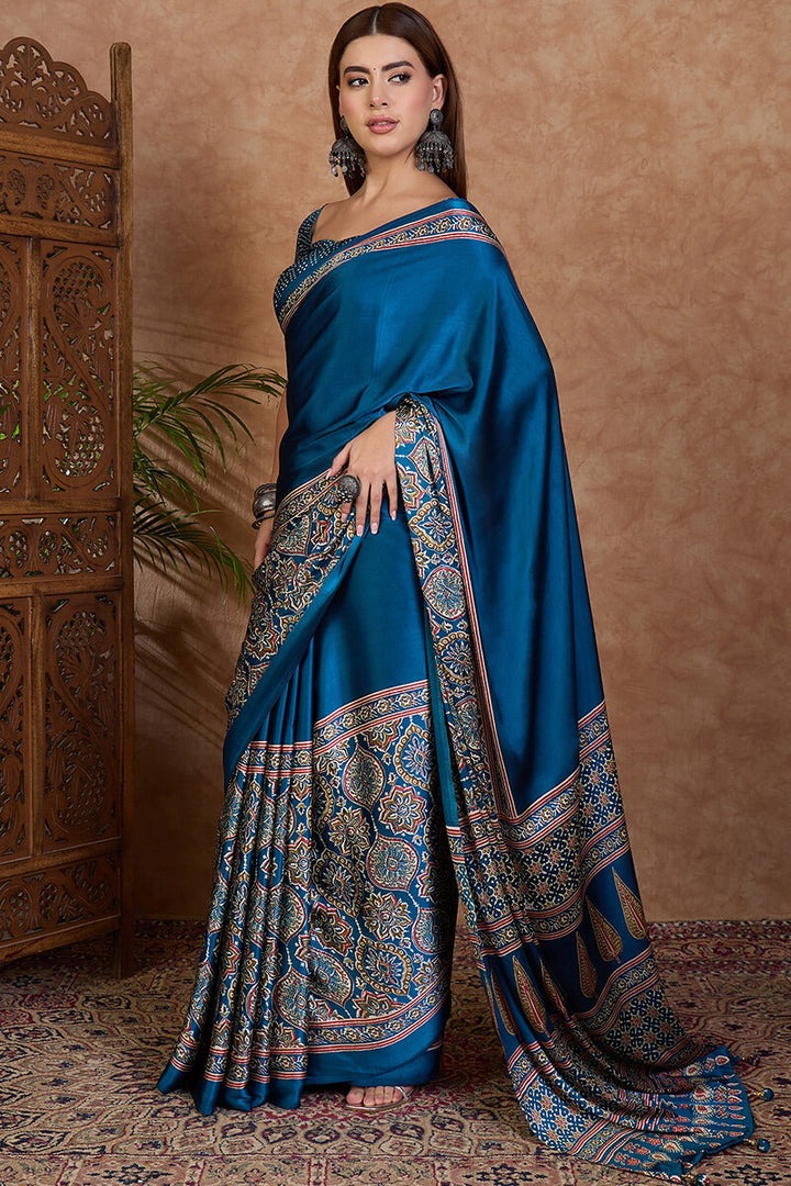 French Blue Ajrakh Printed Satin Silk Saree