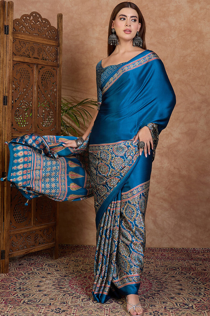 French Blue Ajrakh Printed Satin Silk Saree