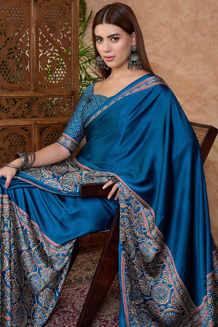 French Blue Ajrakh Printed Satin Silk Saree