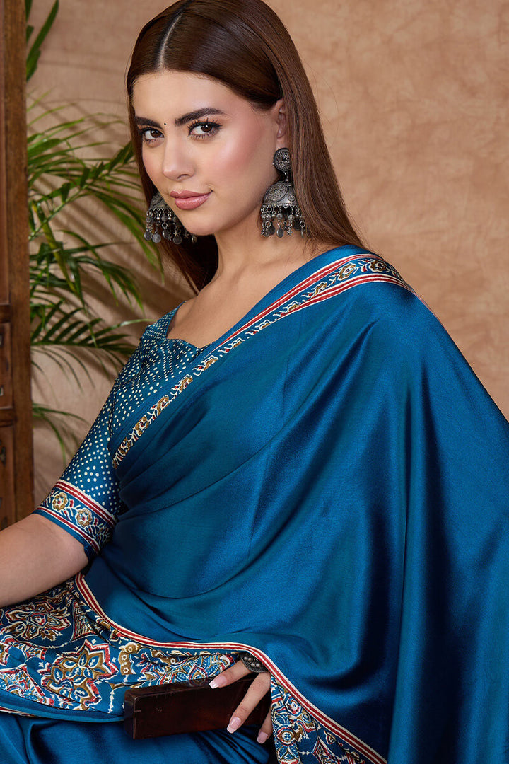 French Blue Ajrakh Printed Satin Silk Saree