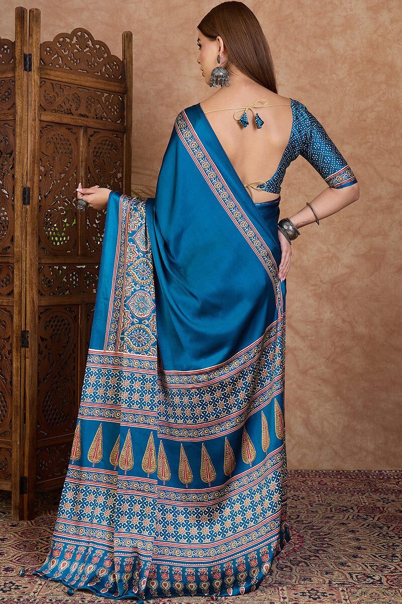 French Blue Ajrakh Printed Satin Silk Saree