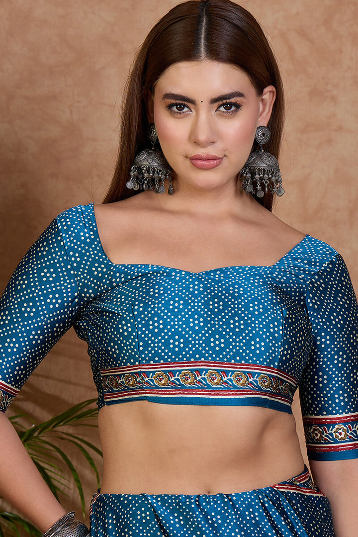 French Blue Ajrakh Printed Satin Silk Saree