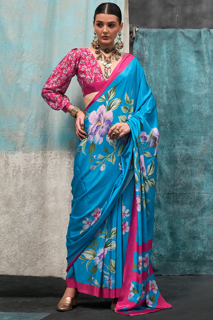 French Blue Printed Crape Silk Saree