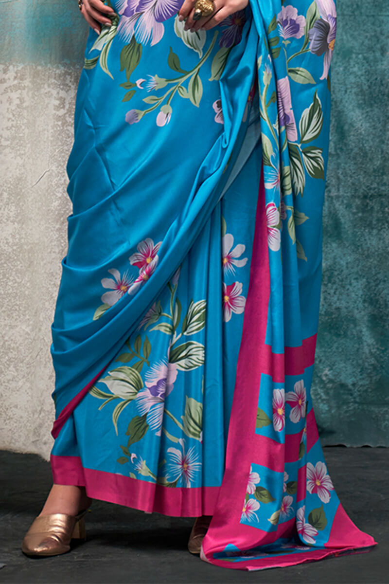 French Blue Printed Crape Silk Saree