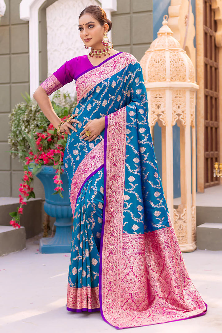 French Blue Satin Banarasi Silk Saree