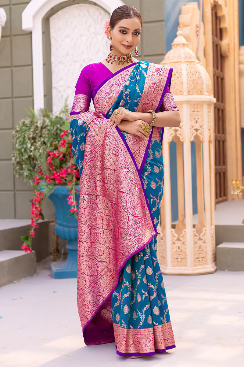 French Blue Satin Banarasi Silk Saree