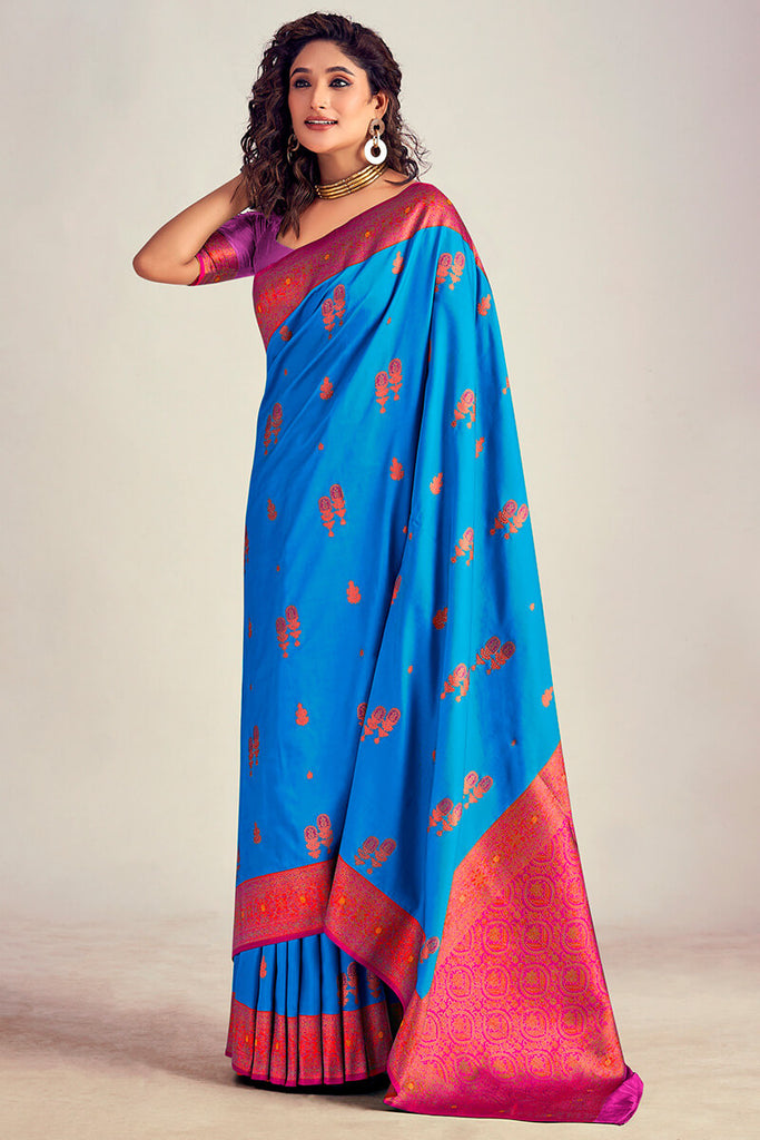 French Blue Soft Banarasi Silk Saree