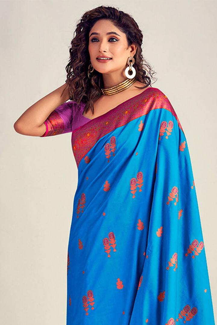 French Blue Soft Banarasi Silk Saree