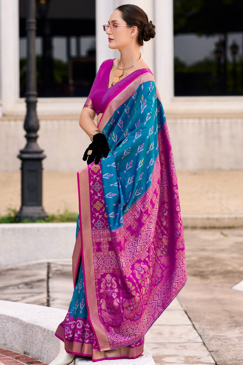 French Blue Soft Silk Saree with Ikkat Border